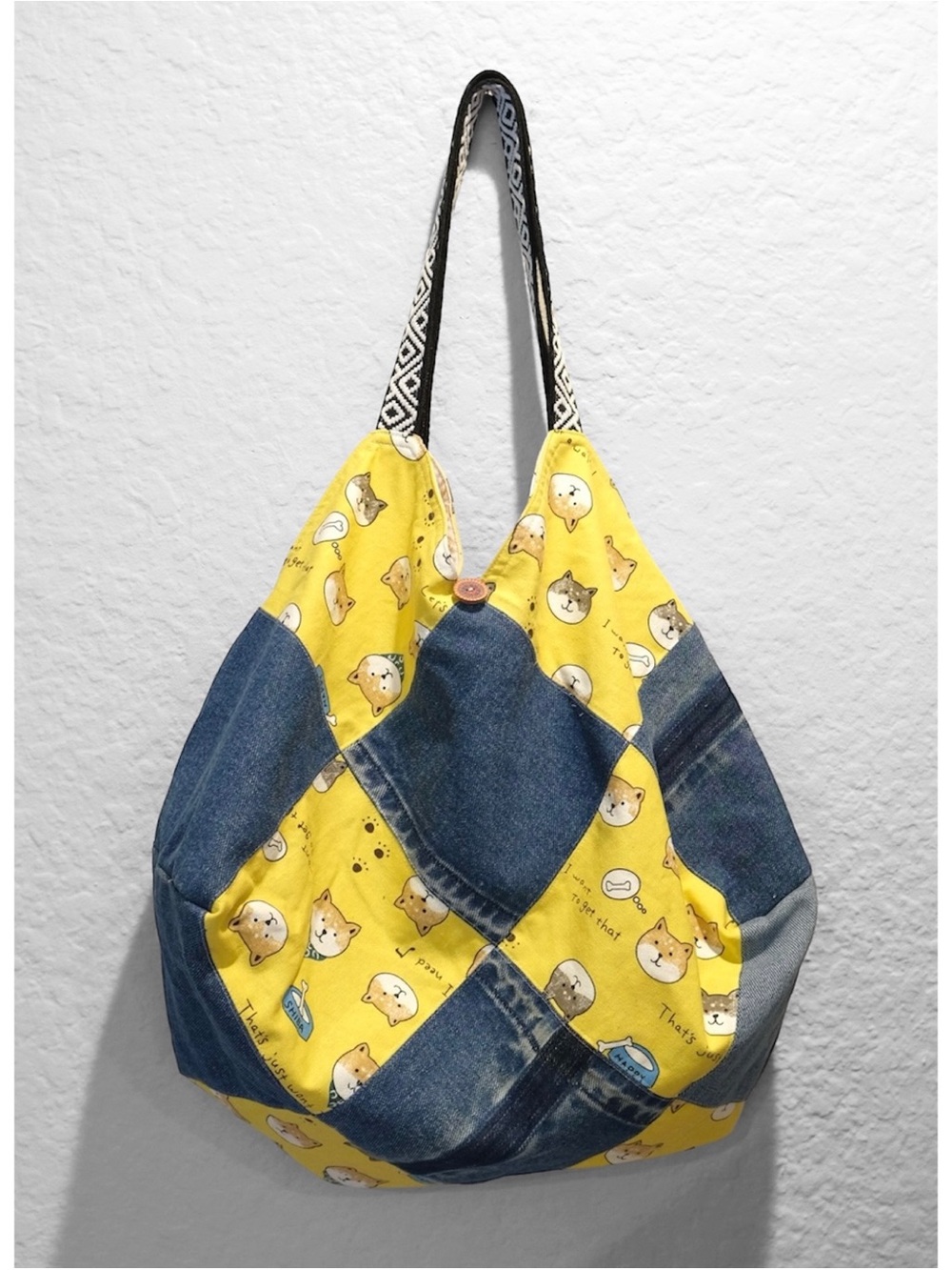 Handmade Shiba Inu Patchwork Hobo Tote Bag Denim Cotton Pocket Lined Upcycled